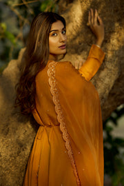 Orange Muslin Zari Umbrella Full Sleeve Gharara Set